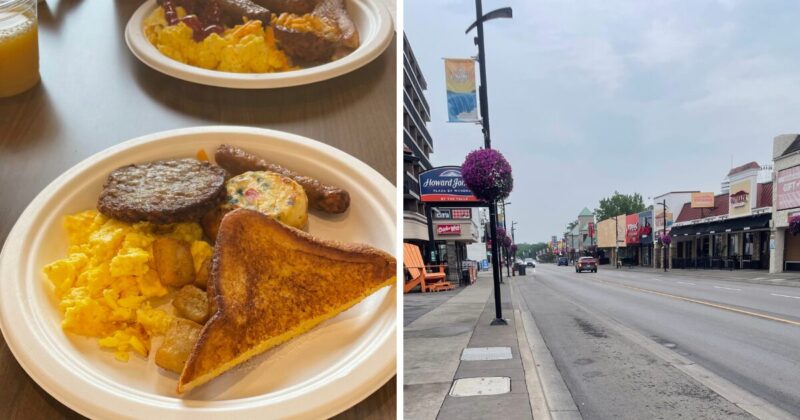 ホテル朝食とホテル前の通り